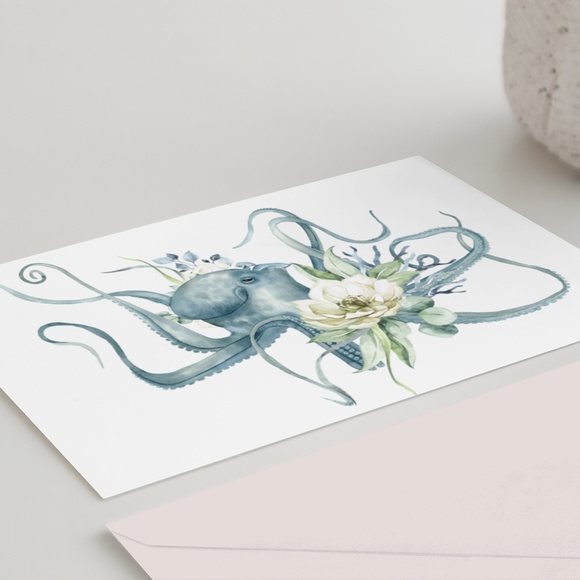 Watercolor Floral Octopus Wall Art Illustration Print Poster Card Unframed - Picture 5 of 7